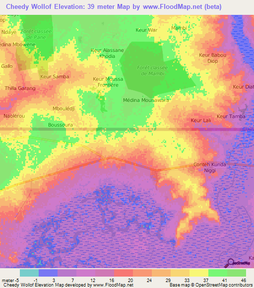 Cheedy Wollof,Gambia Elevation Map