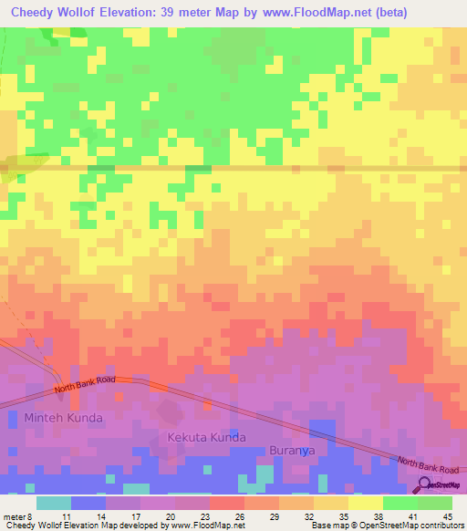Cheedy Wollof,Gambia Elevation Map