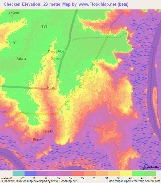 Checken,Gambia Elevation Map