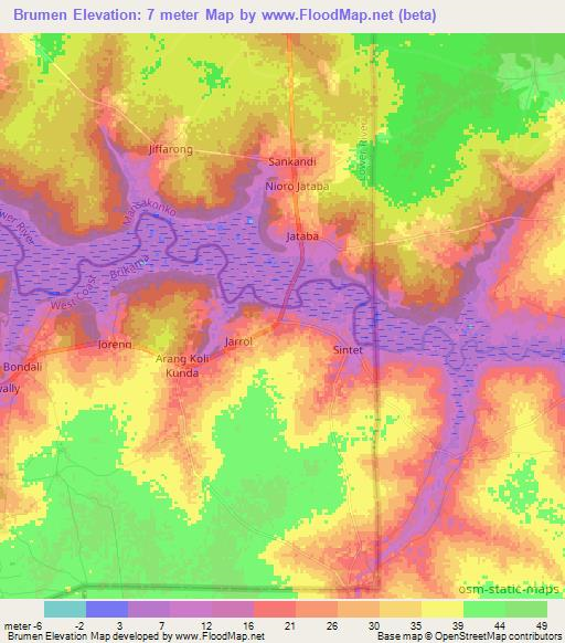 Brumen,Gambia Elevation Map