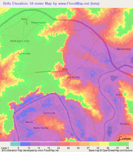 Brifu,Gambia Elevation Map