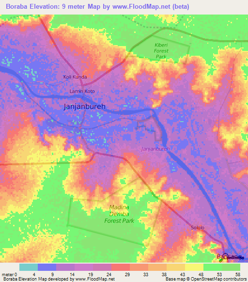 Boraba,Gambia Elevation Map