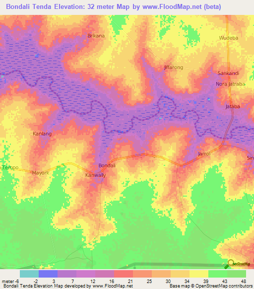 Bondali Tenda,Gambia Elevation Map