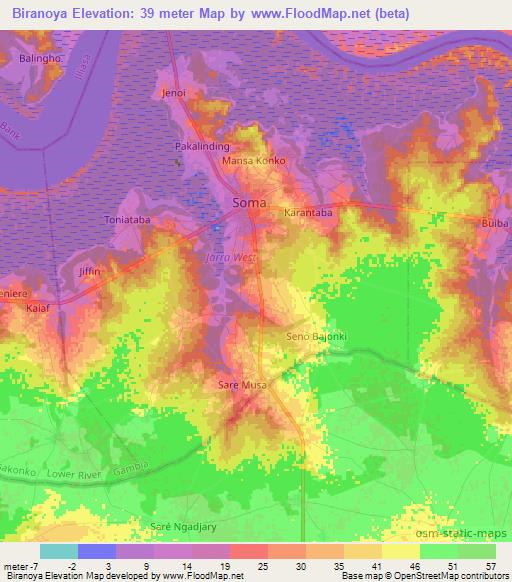 Biranoya,Gambia Elevation Map