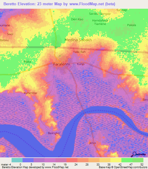 Beretto,Gambia Elevation Map