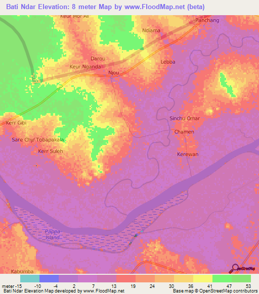 Bati Ndar,Gambia Elevation Map