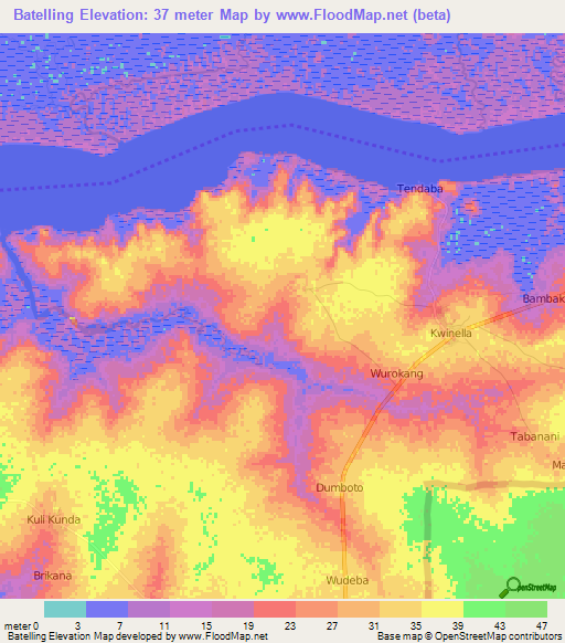 Batelling,Gambia Elevation Map