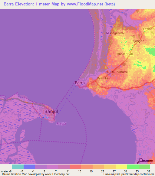 Barra,Gambia Elevation Map