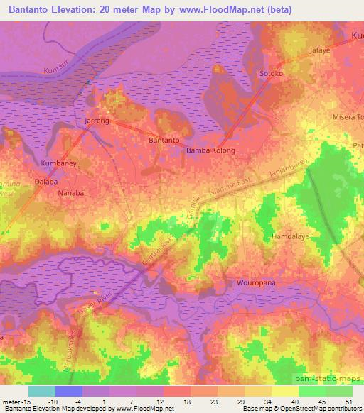 Bantanto,Gambia Elevation Map