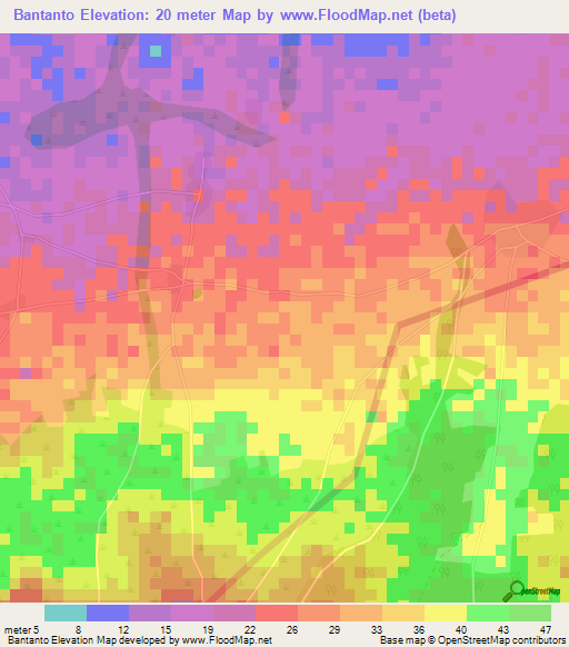 Bantanto,Gambia Elevation Map