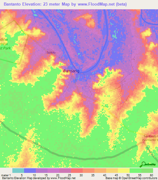 Bantanto,Gambia Elevation Map