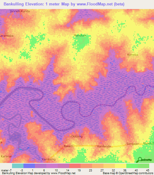 Bankulling,Gambia Elevation Map