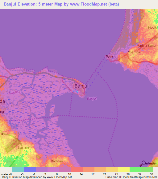 Banjul,Gambia Elevation Map