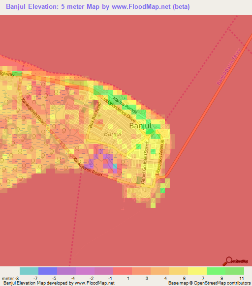 Banjul,Gambia Elevation Map
