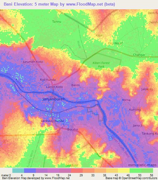 Bani,Gambia Elevation Map