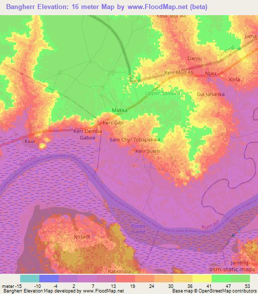 Bangherr,Gambia Elevation Map