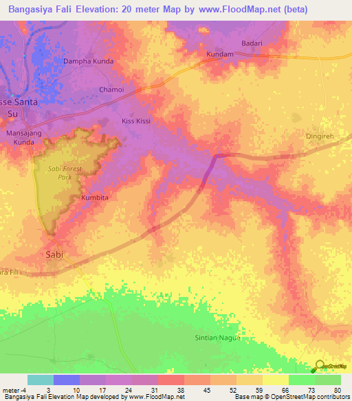 Bangasiya Fali,Gambia Elevation Map