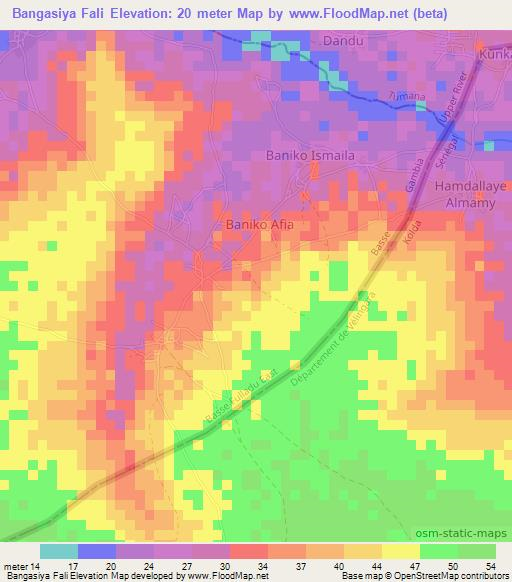Bangasiya Fali,Gambia Elevation Map