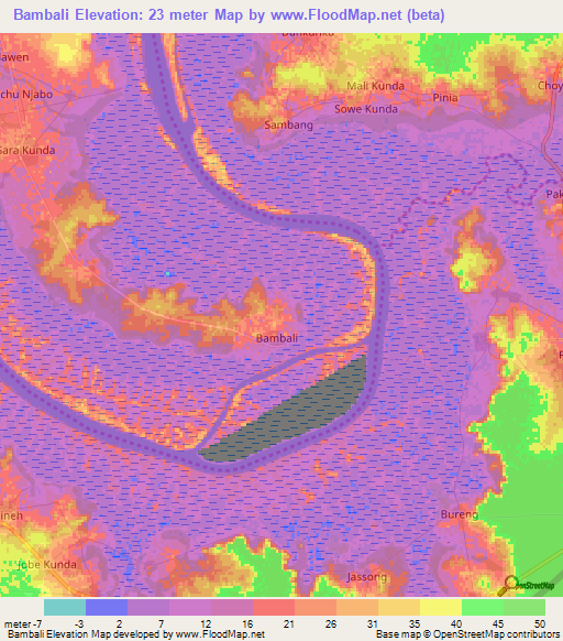 Bambali,Gambia Elevation Map