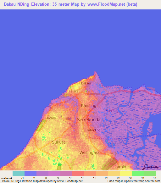 Bakau NDing,Gambia Elevation Map