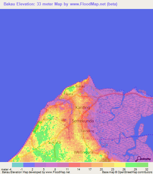 Bakau,Gambia Elevation Map