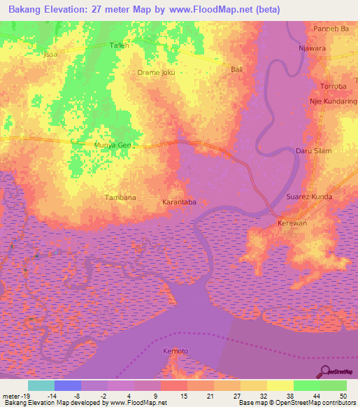 Bakang,Gambia Elevation Map