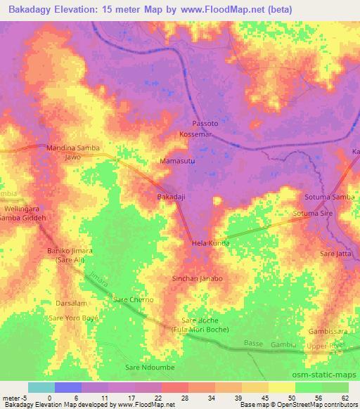 Bakadagy,Gambia Elevation Map