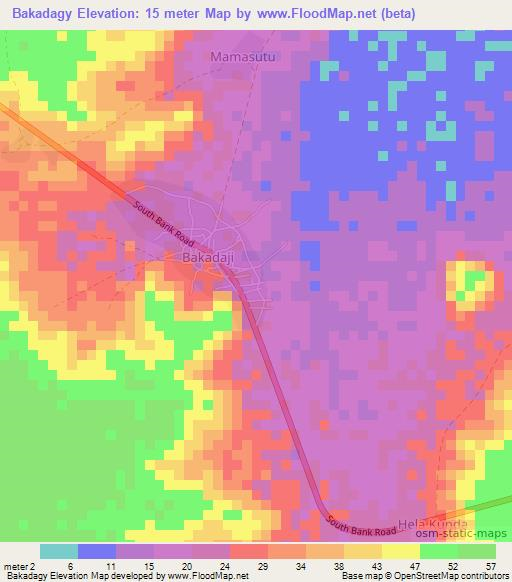 Bakadagy,Gambia Elevation Map