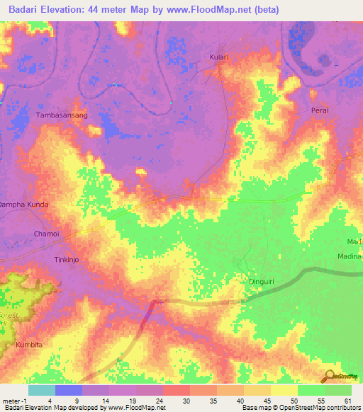 Badari,Gambia Elevation Map