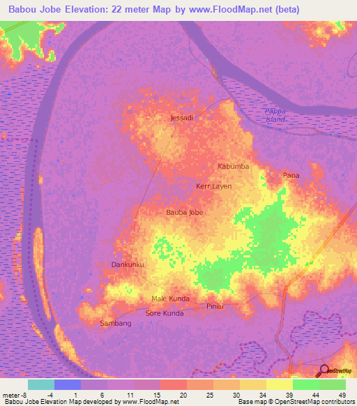 Babou Jobe,Gambia Elevation Map