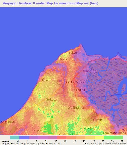Ampaya,Gambia Elevation Map