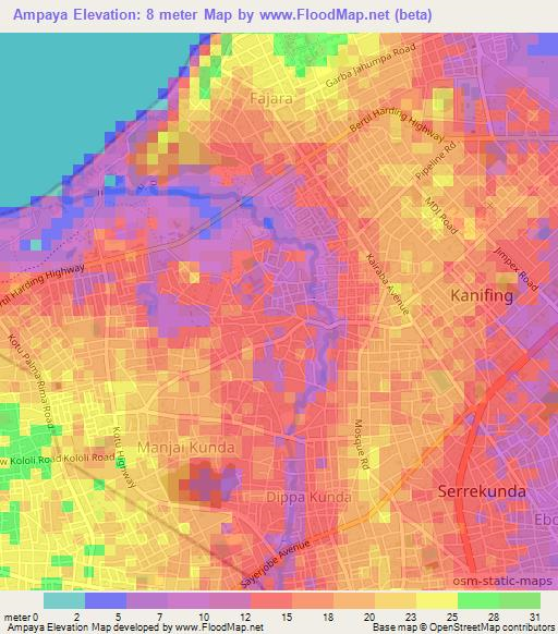 Ampaya,Gambia Elevation Map