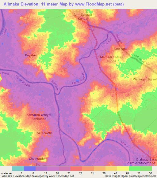 Alimaka,Gambia Elevation Map