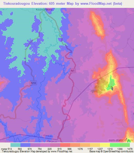 Tiekouradougou,Guinea Elevation Map