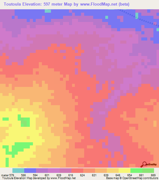 Toutoula,Chad Elevation Map