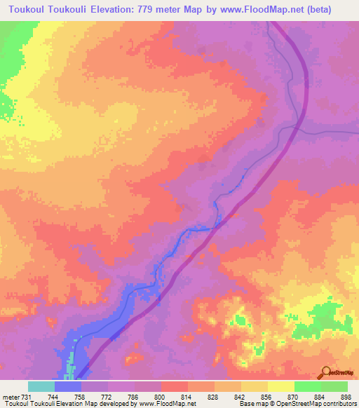 Toukoul Toukouli,Chad Elevation Map