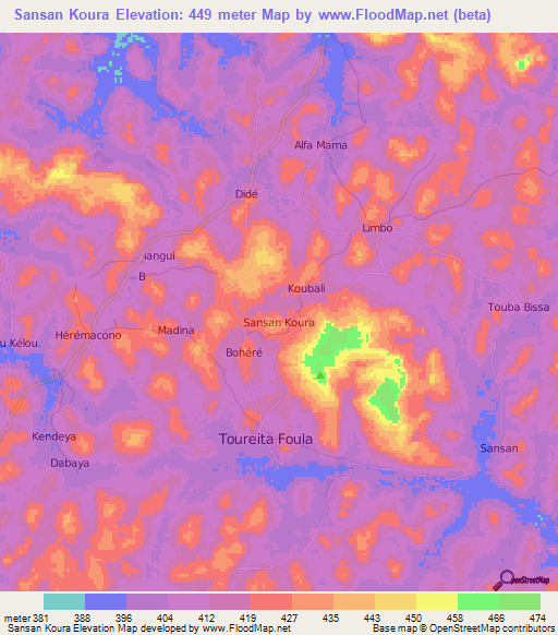Sansan Koura,Guinea Elevation Map