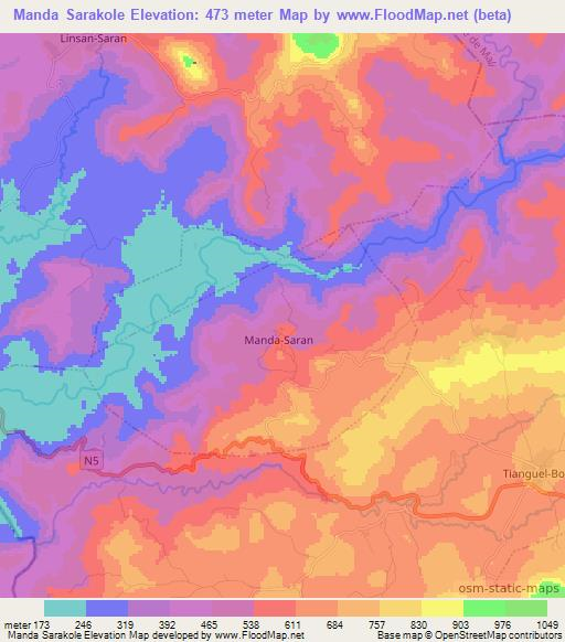 Manda Sarakole,Guinea Elevation Map
