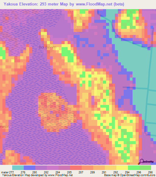 Yakoua,Chad Elevation Map