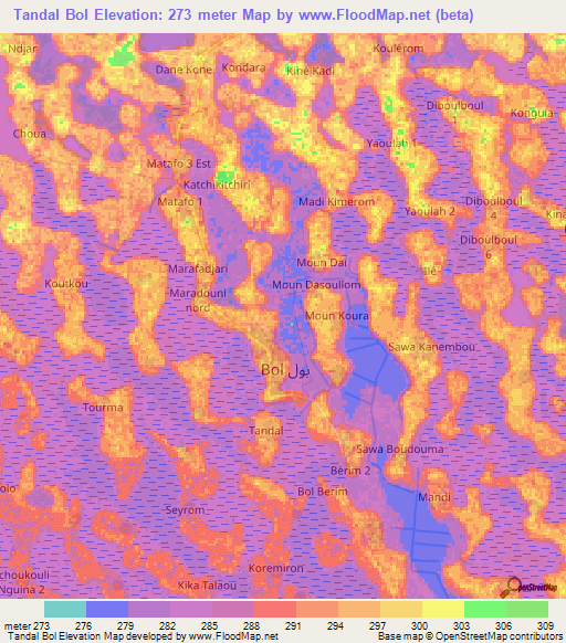 Tandal Bol,Chad Elevation Map