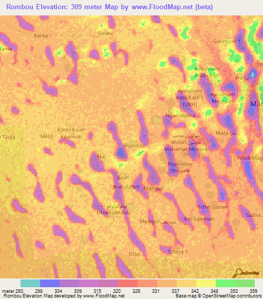 Rombou,Chad Elevation Map