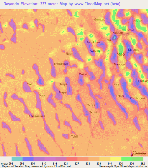 Rayando,Chad Elevation Map