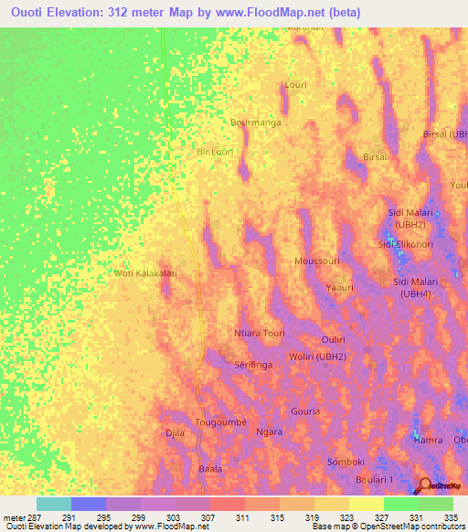 Ouoti,Chad Elevation Map