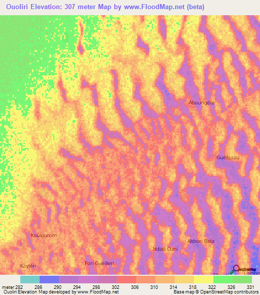 Ouoliri,Chad Elevation Map