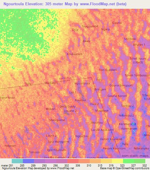 Ngourtoula,Chad Elevation Map