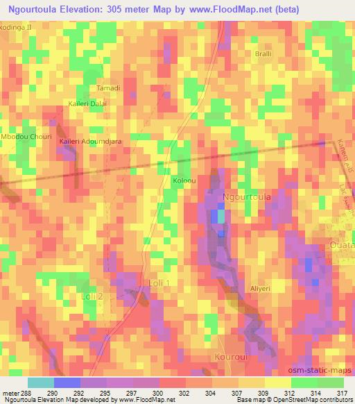 Ngourtoula,Chad Elevation Map