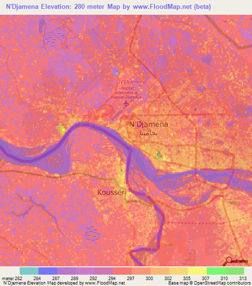 N'Djamena,Chad Elevation Map