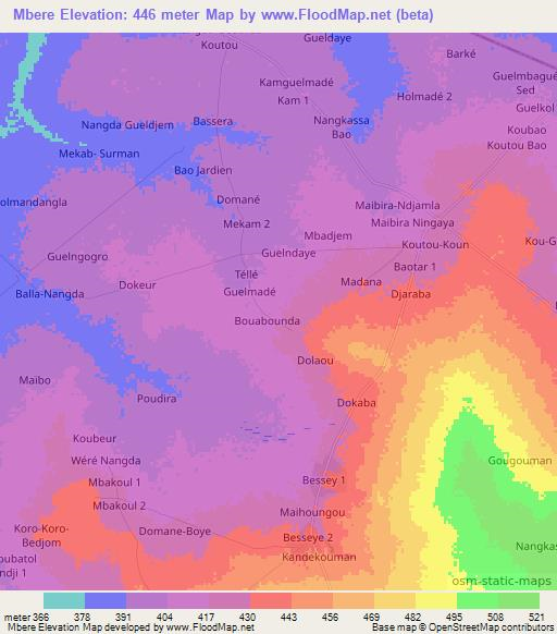 Mbere,Chad Elevation Map