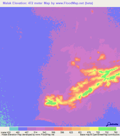 Malak,Chad Elevation Map