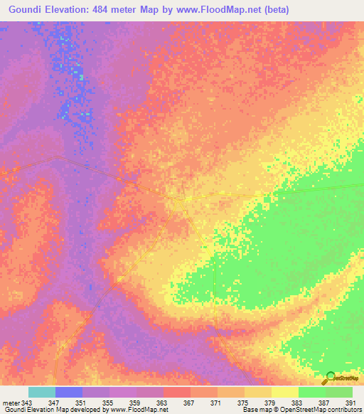 Goundi,Chad Elevation Map